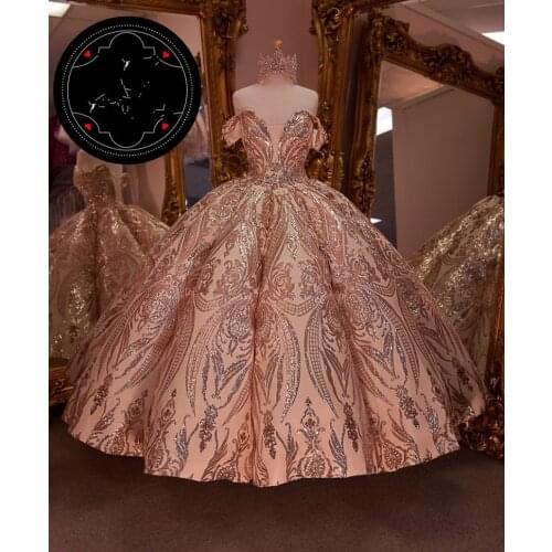 Vestidos de 15 años Quinceanera Dresses with Rose Gold Sequin Applique Sweet 16 Dress Off the Shoulder Pageant Gowns