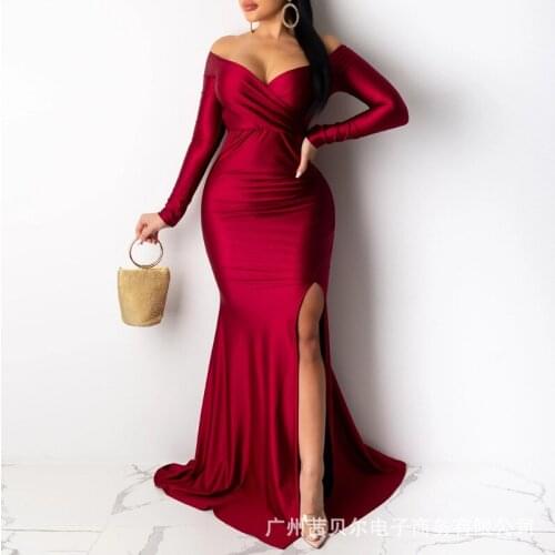 WEPBEL Burgundy Slash Collar Dresses Women Sexy Party Split Dress Long Sleeve High Waist Bodycon Solid Color Fashion Dress