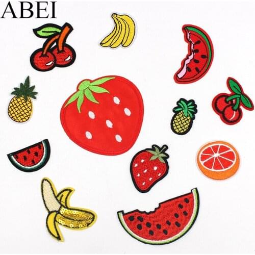12pcs/lot Embroidered Cartoon Fruits Patches Iron Cherry Pineapple Watermelon Banana Strawberry Lemon Stickers Baby Appliques