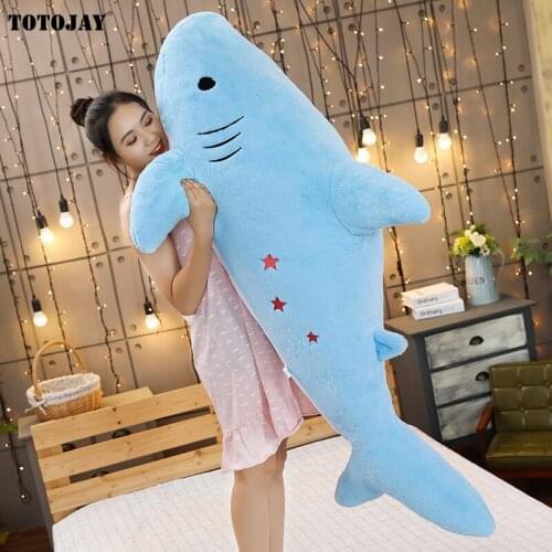 50~120cm Soft Long Plush Shark Doll PP Cotton Stuffed Giant Whale Ocean Animal Stars Grey Pink Blue Fish Pillow Children Gift