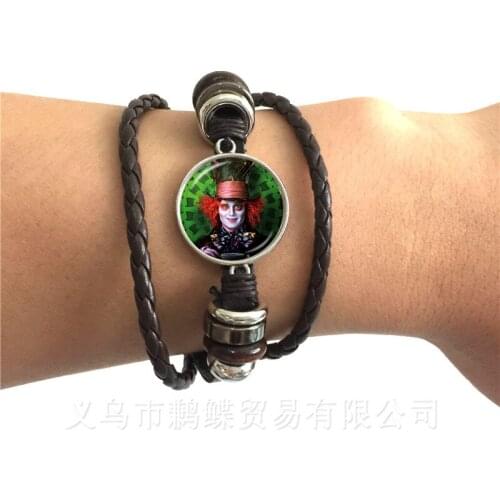 A Mad Tea Party Mad Hatter March Hare Fairy Tale Art Classic Bracelet Alice In Wonderland Black/Brown 2 Color Leather Bangle