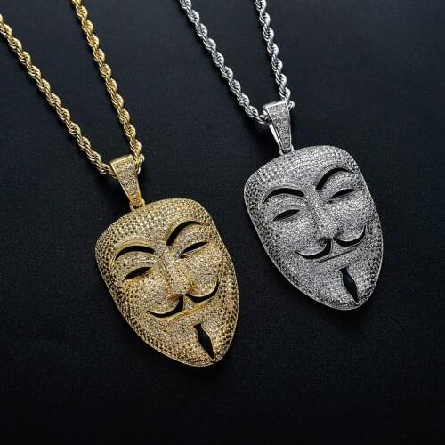 Movie V For Vendetta Guy Fawkes Mask Hip Hop Iced Out Cubic Zircon Pendant Necklace 24'' Chain Fashion Charms Jewelry