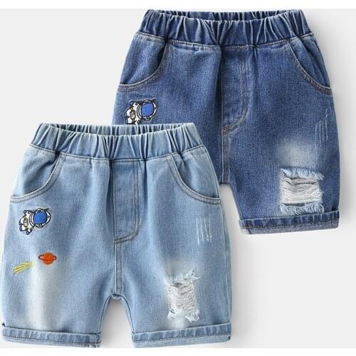 New Kids Summer Denim Shorts Baby Boys Fashion Cartoon Ripped Denim Shorts Children Casual Elastic Mid Waist Jeans Short Pants