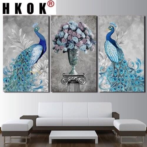 HKOK 3 Panels Elegant Peacock Blue Rose Flower Modern Canvas Painting Printed Wall Art Animal Picture Poster Room Home Decor