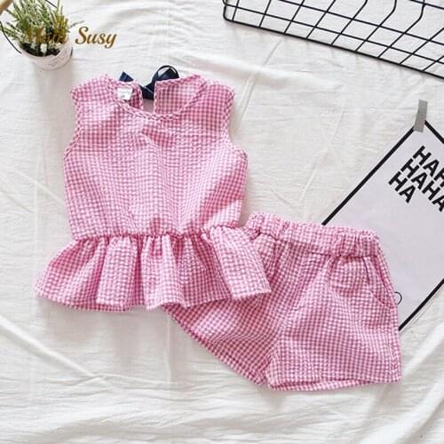 Baby Girl Plaid Clothes Set Cotton Summer Sleeveless Shirt+Short 2PCS Infant Toddler Girl Vest Tops Short Set Baby Home Suit