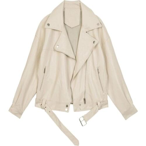 Long Loose Sleeved Belt Warm Womens Jacket Women Moto Biker Lapel Female Coat Beige Black Chic PU Punk Tops Real Fur 2020