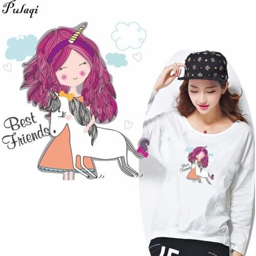 Pulaqi Cute Unicorn Girl Stickers On Clothes Children Favorite Heat Transfer New Design Washable DIY Accessory Badges Patch H