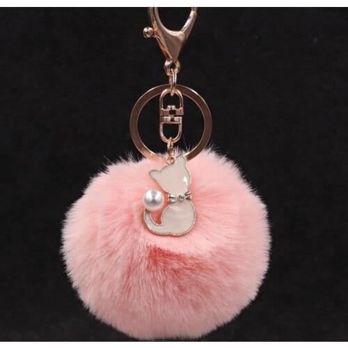 Cute Cat Fur Ball Keychains for Women Pink Black Faux Fur Fluffy Pompon Key Chain Golden Key Holder Car Bag Charms Key Ring