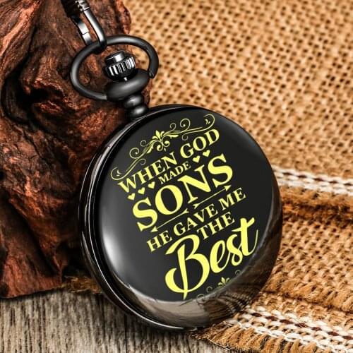 Gift For Son The Best Sons Chic Yellow Text High Quality Black Men Pocket Watch Arabic Numerals Quartz Dial Pendant Thick Chain
