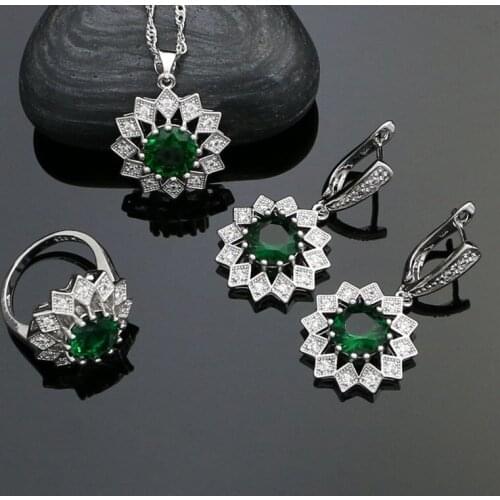 925 Sterling Silver Jewelry Sets For Bride Natural Green Cubic Zirconia White Crystal Earrings Ring Necklace Pendant