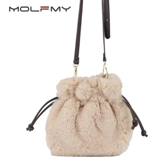 Autumn And Winter Luxury Womens Fake Fur Handbags Wild Casual Pumping Shoulder Bucket Bag Simple Solid Color Hair Messenger Bag