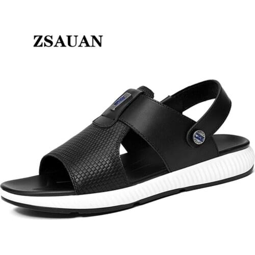 ZSAUAN Over Big Size 38-49 Casual Men Sandals Barefoot Roman White Black Genuine Leather Summer Men Slippers Beach Holiday