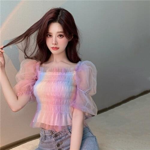 Sweet Rainbow Stripes Crop Top Sexy Fold Elasticity Mesh Chiffon Blouses Summer Womens Puff Sleeve Ruffles Slim Short Shirts