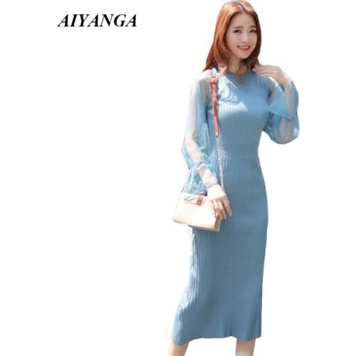 Warm Knitted Dresses Women 2018 Autumn Winter Sweaters Dress Patchwork Mesh Slim package Hip Elegant Sexy long Dress Female