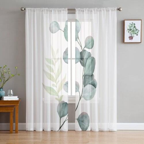 Plant Leaves Green White Window Curtains Bedroom Modern Drape Sheer Tulle Valances Living Room Kitchen Voile Curtain