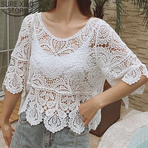 2021 Summer Hollow Out White Lace Shirt Women Hook Floral Top Female Ladys Short Sleeve Blouse Sunscreen Shirt Blusas New 14457