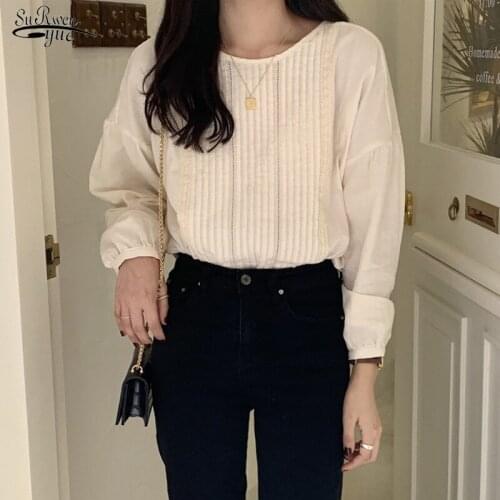 Apricot Pleated O-Neck Gentle Cotton Korean Autumn 2020 Large Size Office Lady Tops Elegant Full-Sleeved All Match Shirts 11457