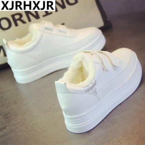 White Shoes Woman Fashion Thick Bottom Ulzzang Sneakers Female Hook&Loop Warm Plush Lining Comfortable Wakling Women Shoes