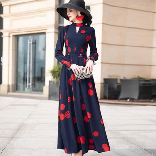 Floor-length high waist was thin big swing retro dress female hollow cut printed long temperament dress F1662 wholesale factory