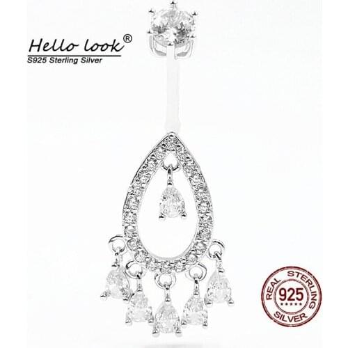 Hellolook 925 Sterling Silver Belly Button Ring Drop Shaped Cubic Zirconia Navel Rings Body Piercing Jewelry Belly Dance
