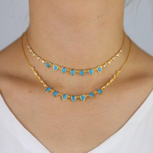 Women stateent choker short necklace with shiny stone paved choker jewelry tear drop blue opal cz station gold color necklace
