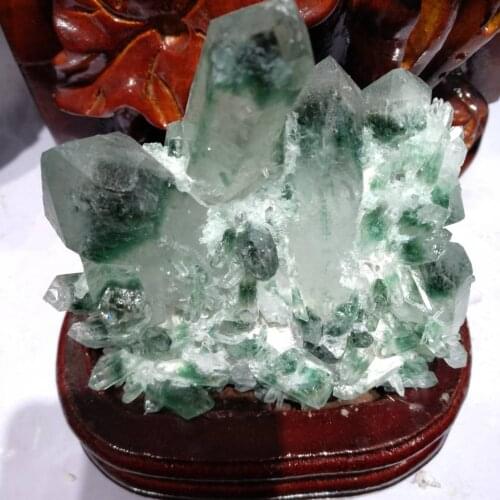 1.2kg Natural Green Ghost Phantom Quartz Crystal Cluster Healing Specimen +wood stand