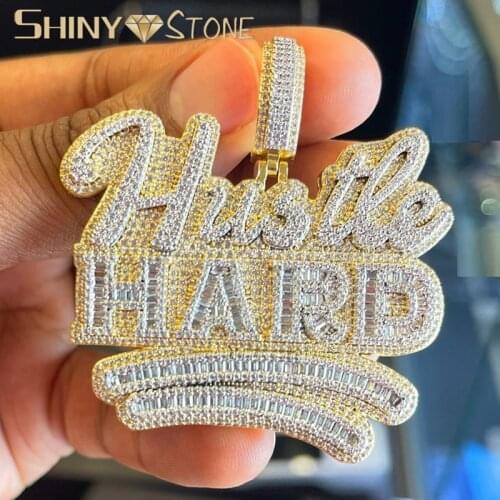 2021 Bling 5A CZ Full Cubic Zirconia Paved Hustle Hard Letter Pendant Necklaces Bling Iced Out Rope Chain Hiphop Men Jewelry