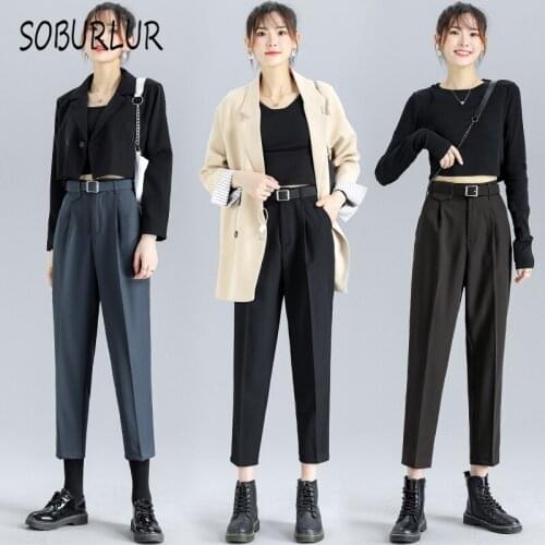SOBURLUR Black Suit Pants Woman High-waist Pants Sashes Pockets Office Ladies Pantses Korean Fashion Female OL Casual 2021 New