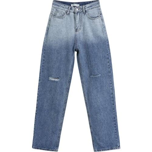 Gradient Blue Jeans Women Ripped Holes Wide Leg Pants Loose High Waist Drape Full Length Denim Trousers Streetwear Jean P6230