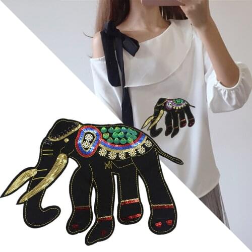 India Sequined Golden Elephant Sew on Big Patches for Clothing Jersey of Embroidery Appliques Stickers for Clothes