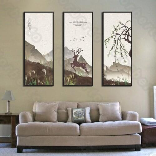 Traditional Chinese Style Oil Pictures Canvas Painting Wall Remote Mountain Deer Willow Trees for Living Room Bedroom Decotion