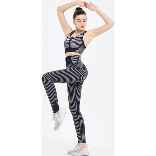 Fitness Yoga Outfits for Women 2 Piece Set Workout High Waist Athletic Striped Seamless Leggings and Sports Bra Set Gym Clothes