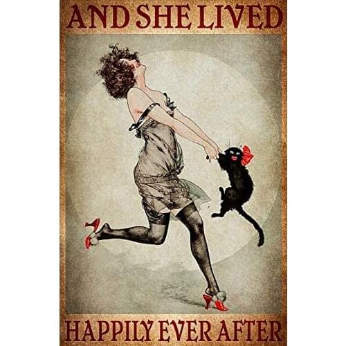 Metal Tin Retro Sign-And She Lived Happily Ever After Metal Poster, Black Cat Print, Dance with Cat Metal Poster Wall Art Decor