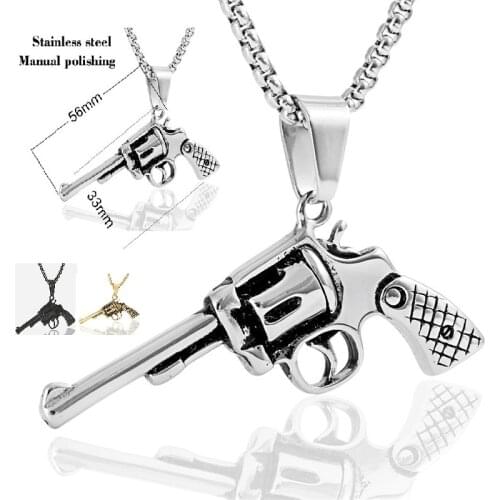Stainless Steel Exaggerated Revolver Pistol Pendant Hip Hop Necklace Boy Weapon Gun Cuban Link Chain Jewelry Cool Men Women Gift
