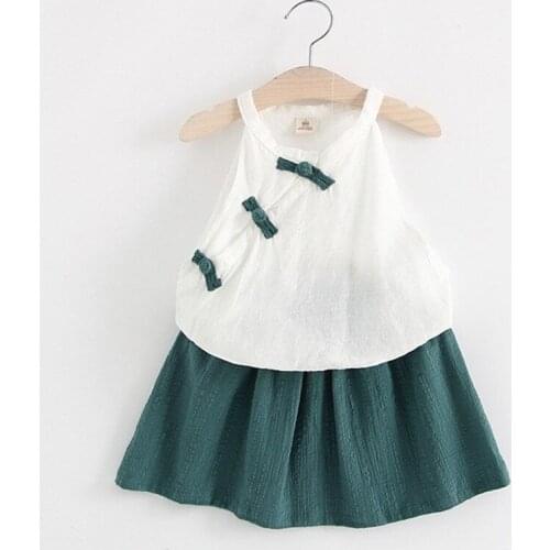 New arrival 2019 summer children girls China style clothing set Kids girls casual cotton Vest + Green Skirt sets 2-7 years