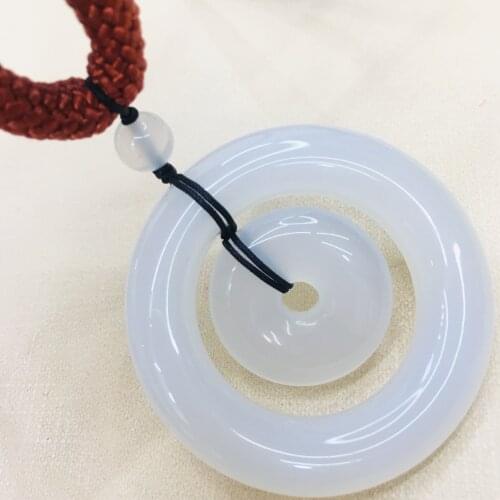 Natural Brazilian White Chalcedony Pendant Carved Double Donut Pendant with Hand-knitted Two-tone Necklace