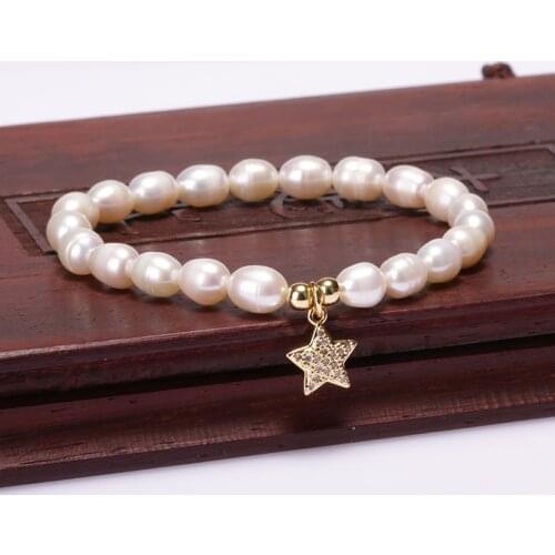 Pave white cubic zircon tiny gold moon star charmas natural freshwater pearl beads bracelet for woman girl gift jewelry 2020