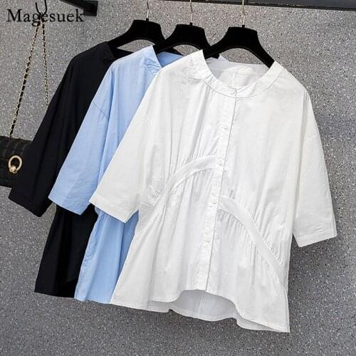 Plus Size 4XL Korean Style White Womens Shirt Asymmetric Stitching Sweet Blouses OL Elegant Casual Loose Pleated Tops 15328