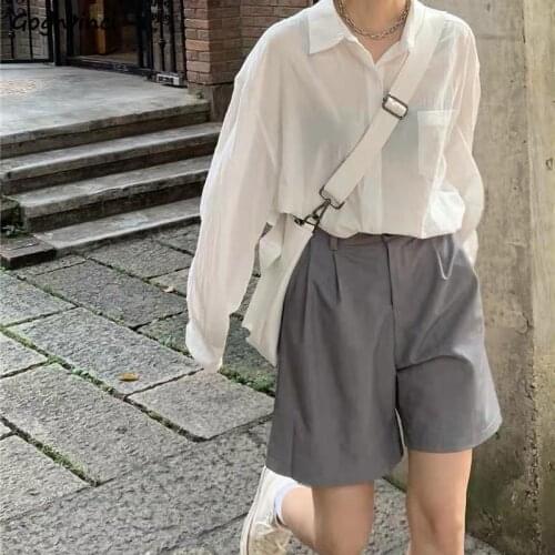 Shorts Women Summer Knee-length Office Ladies Simple Fashion All-match High Waist A-line Solid Gray Black Harajuku Baggy Ulzzang