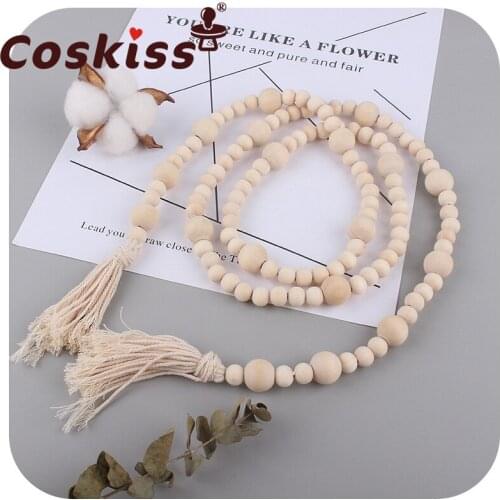 Coskiss Nordic Wood Bead Garland with Tassels Farmhouse Beads Rustic Country Decor Kid Room Wall Hanging Ornament Home Decor
