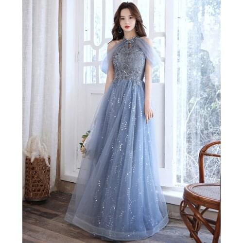 Light greydish blue sequined long luxury beads lady women mother prom dress party dress performance singing dress free shipping