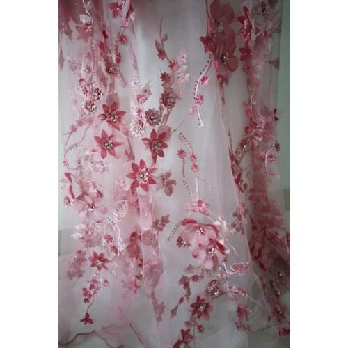 Dark pink 3D beaded rhinestone lace fabric, 3D rosewood flowers embroidered bridal lace fabric for costumes accessories