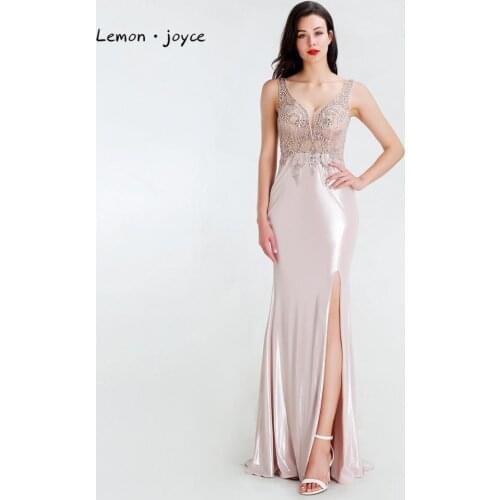 Lemon joyce Formal Evening Dresses 2020 New V-neck Sexy Split Beaded Mermaid Gorgeous Party Evening Gowns Plus Size