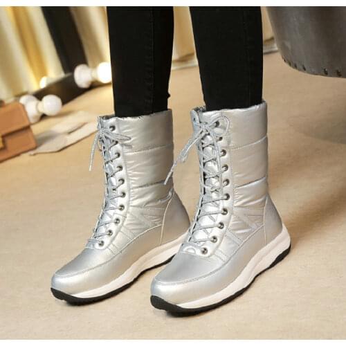 ZawsThia Winter Super Warm Down Waterproof Fabric Platform Wedges Heels Women Shoes Silver Cross-tied Faux Fur Lined Snow Boots