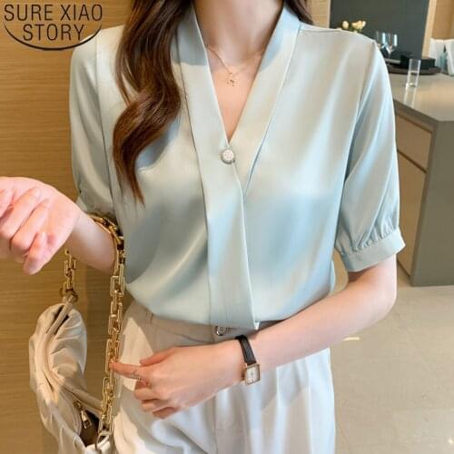 Office Lady Fashion V-neck Blouse Summer 2021 New Elegant Chiffon Shirt Short Sleeve Blouses Women Tops Button Blusas 15449