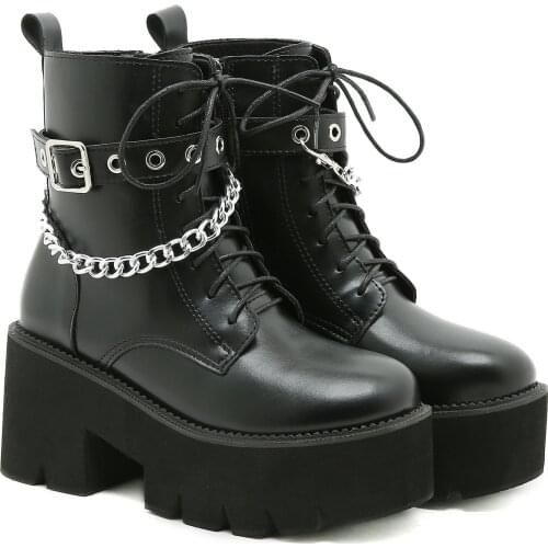 New Fashion Motorcycle Boots Women Spring Autumn Metal Buckle High Heels Shoes Zipper Black Ankle Patent leather Boots Woman