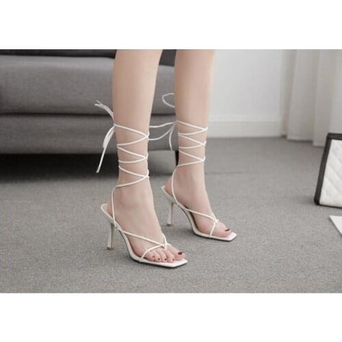 2020 Summer new sexy gladiator sandals shoes women high heels square toe sandals lady ankle wrap pump shoes size 35-41