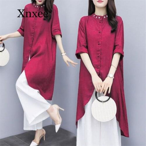 Spring summer women sets elegant cotton and linen loose long blouse shirts+female wide leg pants trousers two piece sets green