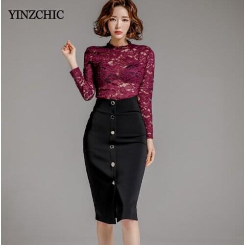 Office Lady Spring 2pcs Suit Hollow-out Lace Blouse + Pencil Mid Skirt Set Suit for Woman New Female Elegant Slim Suits