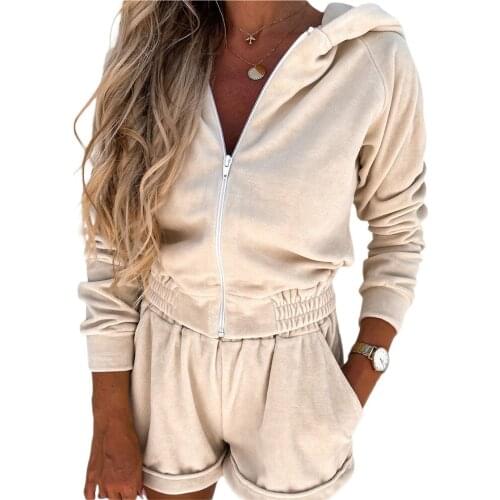 Tracksuits 2021 New Womens Sports Running Outfit Summer Long Sleeve Solid Color Zip Up Hoodie + Shorts Sets Suit Two-piece Suit
